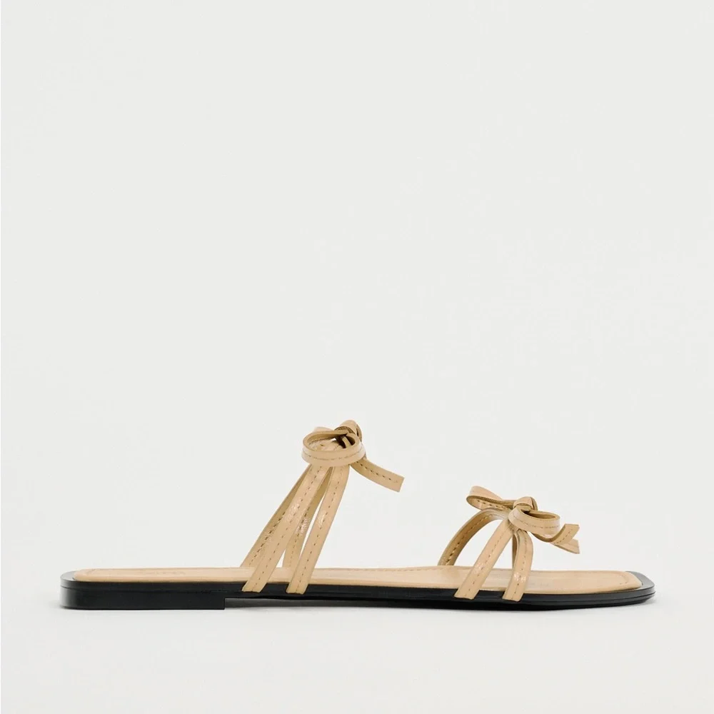 ZARA NUDE BOW TRIM FLAT SANDALS - Picture 4 of 7